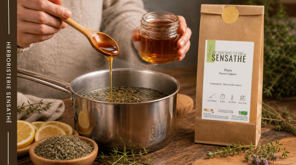 Préparation d’un sirop de thym maison avec infusion de thym bio et ajout de miel - Herboristerie Sensathé